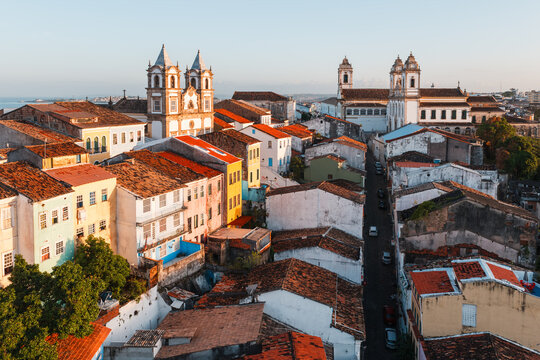 Aerial view of historic colonial houses and a church tower in the old town, Salvador, Bahia, Brazil