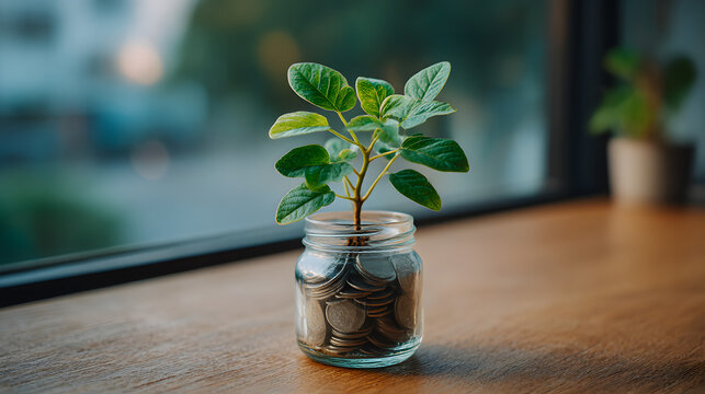 Small green plant growing from a glass jar filled with coins on a wooden table next to window.