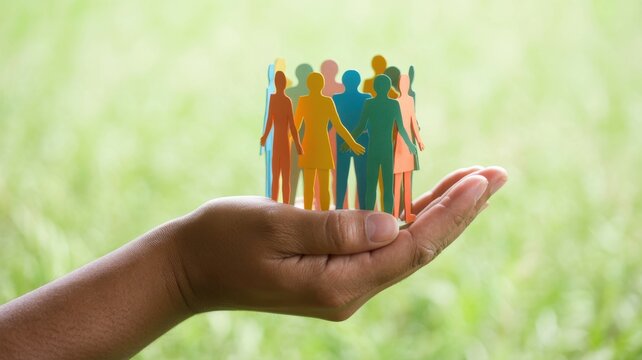 Human hands carefully holding a small group of colorful paper cutouts of people, symbolizing protection, community support, and social unity in a natural outdoor setting
