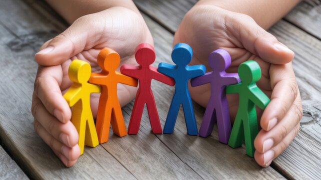 Human hands gently cupping a row of colorful wooden human figurines representing diversity and unity on a rustic wooden background, conceptualizing teamwork and inclusion