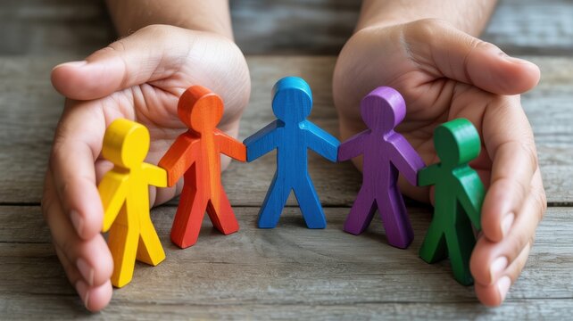 Human hands cupping a row of colorful wooden human figures on a textured wooden surface symbolizing teamwork diversity inclusion and corporate social responsibility