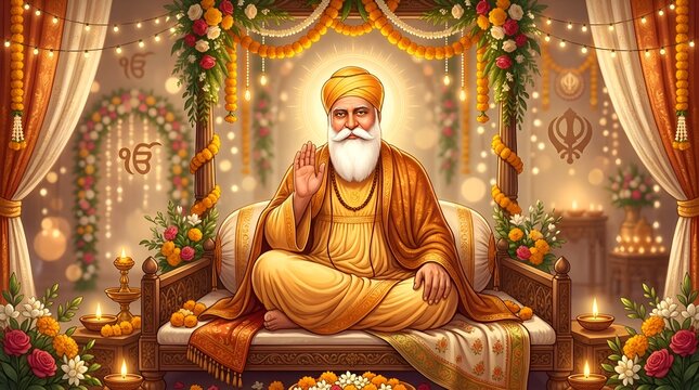 Guru Nanak Dev Ji seated on ornate throne, blessing devotees, festive decor, divine light