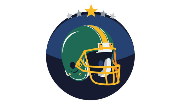 A green and yellow football helmet is centered on a circular emblem with a star