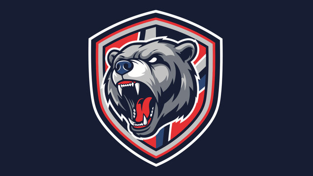 A fierce bear head emerges from a shield emblem with red and blue accents