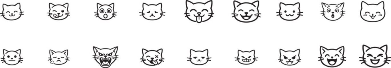 Funny cat face icon set with kawaii kitten emotions, doodle expressions and cute feline vector symbols. © Mst.Atina