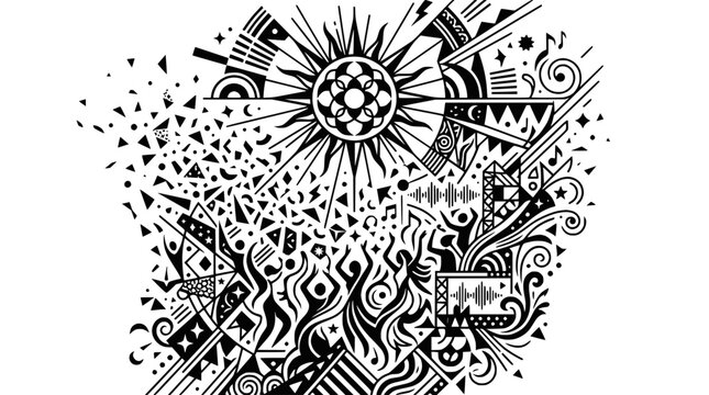 Abstract Sunburst Energy Burst with Geometric Patterns and Dancing Figures