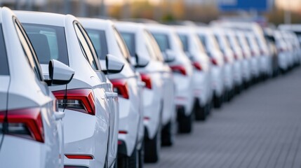 Obraz premium A long line of new white cars parked at a dealership