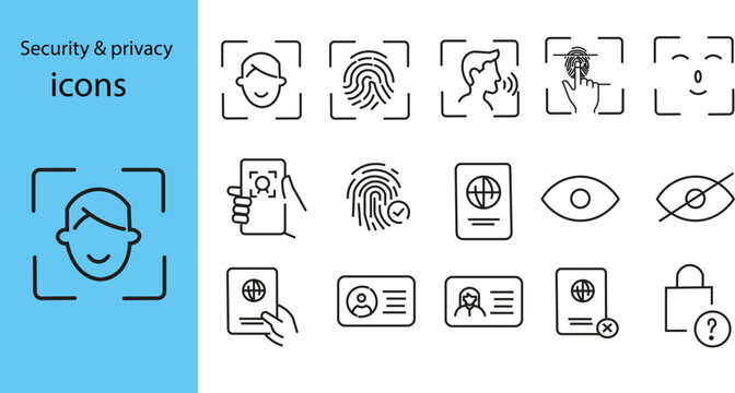 Biometric security icons set fingerprint face id retina scan. Security and privacy line icons set. Biometric identification, face recognition, fingerprint scan, ID card, and passport verification vect