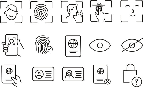Biometric security icons set fingerprint face id retina scan. Security and privacy line icons set. Biometric identification, face recognition, fingerprint scan, ID card, and passport verification vect