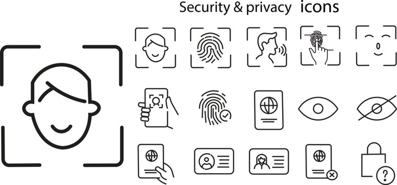 Biometric security icons set fingerprint face id retina scan. Security and privacy line icons set. Biometric identification, face recognition, fingerprint scan, ID card, and passport verification vect
