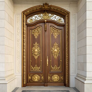 Baroque Walnut Double Door with Gold Transom and Carved Panels 3D Render
