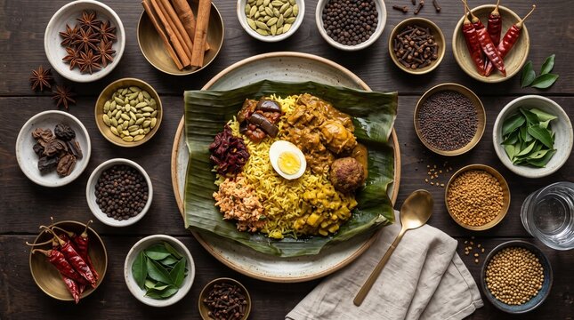 Gourmet Sri Lankan Food Presentation with Whole Spices and Lamprais or Hoppers Top Down Commercial Photography