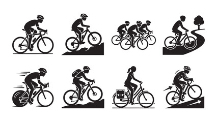 Obraz premium Collection of black and white cycling silhouettes and bicycle riding icons.