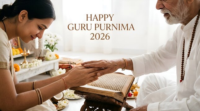 Happy Guru Purnima 2026: Respectful student and guru hands touching ancient book