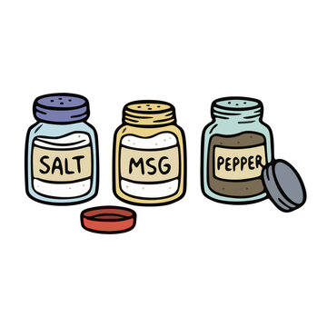 Glass spice jars set for salt msg and pepper with open lids for restaurant menu board