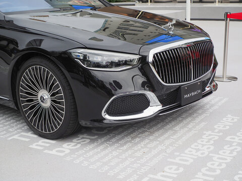TOKYO, JAPAN - May 6, 2026: Detail of a Mercedes Maybach by a Mercedes-Benz Studio Tokyo in Tokyo's Omotesando area.