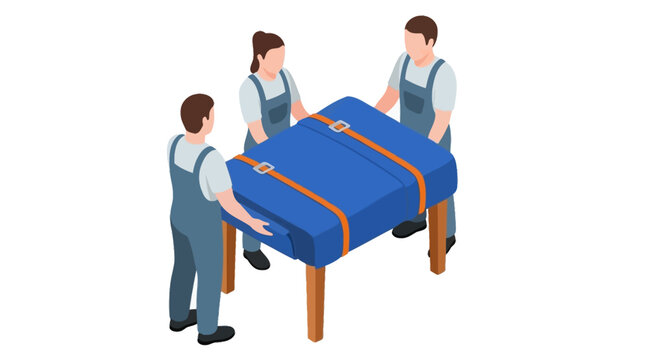 Three workers moving a large blue wrapped package together.