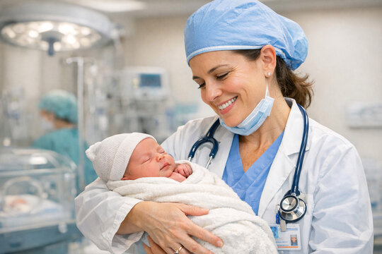 A smiling nurse wearing scrubs cradles a wrapped newborn in her arms.