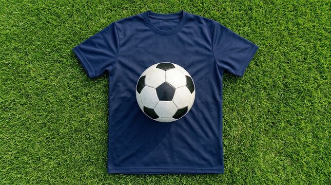 A navy blue soccer jersey paired with a classic football on a vibrant green grass field, representing World Cup fan spirit.
