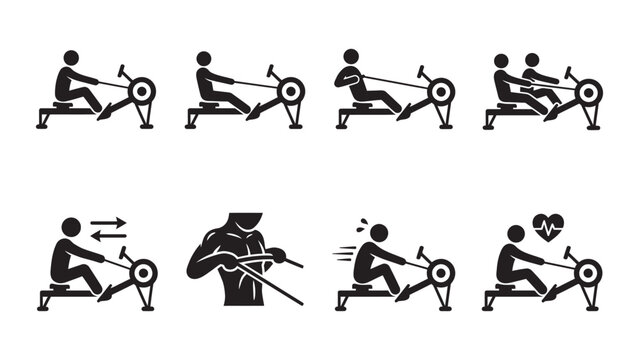 Set of rowing machine exercise and fitness training icons.