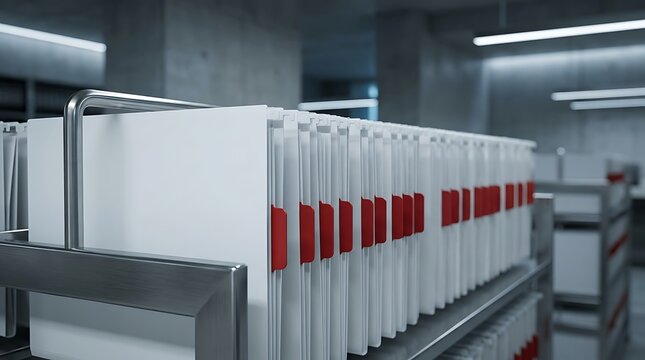 Rows of white hanging file folders with red tabs organized in a metal cabinet inside a modern office storage room with concrete walls and lights