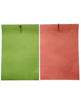 Two rectangular colored papers one green one pink pinned at the top transparent background