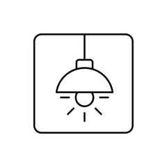 Fototapeta premium Ceiling lamp outline icon. Vector line art illustration of a hanging pendant light fixture with shining bulb for interior decor, home illumination furniture, and architecture app ui design.