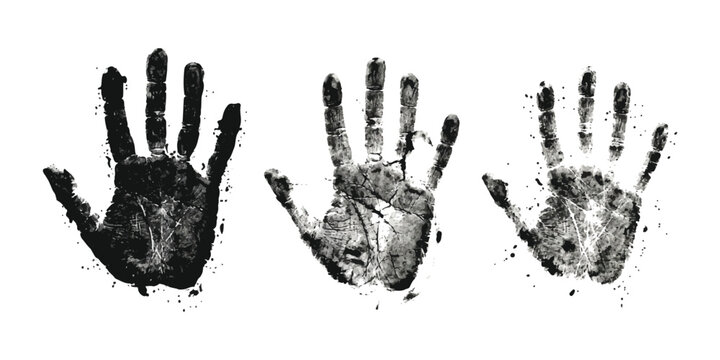 Three black hand prints with grunge texture and rough paint splatter marks in a set
