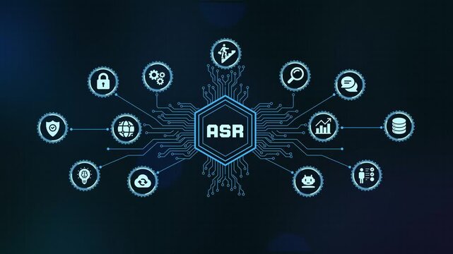 ASR automatic speech recognition voice command technology concept interactive HUD layout with glowing icons.