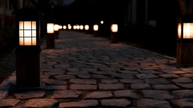 An adventurous cobblestone street is beautifully illuminated by lanterns creating a peaceful and historic atmosphere