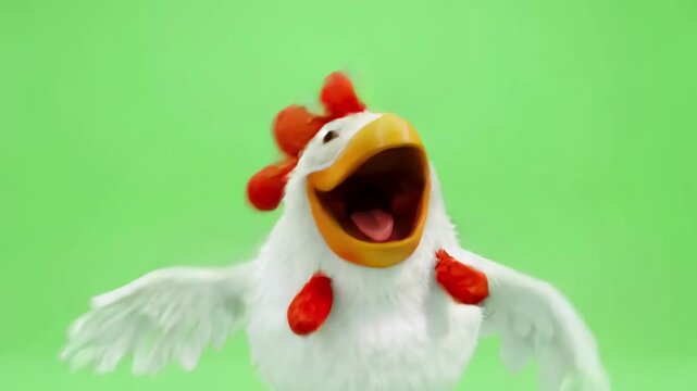 Happy Cartoon Chicken Squawking in Bright Green Studio Setting for Cheerful Animation or Mascot Design