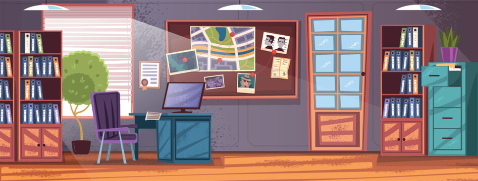 Detective office. Investigator cabinet cartoon interior, police inspector room department station detective agency sleuth bureau work desk crime board, classy vector illustration