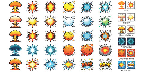 Set of colorful comic book explosion and blast speech bubbles and graphic design elements © md