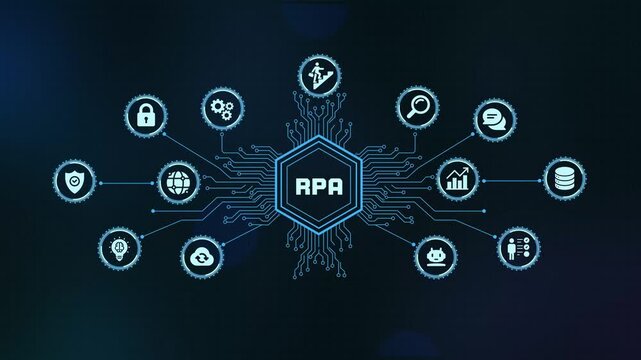 RPA robotic process automation concept display with gear icons and digital circuit connections for corporate workflow efficiency