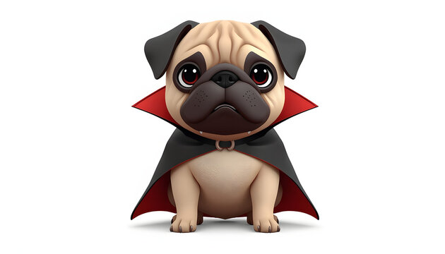 Adorable pug puppy wearing a spooky black and red vampire cape costume sitting isolated against a clean white background in this cute high quality three dimensional digital art character illustration