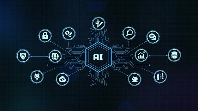 AI artificial intelligence digital network loop concept with smart brain icon and circuit board design for deep learning systems