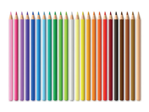 Colored pencils realistic. Wooden pencils, colorful pen child draw tool school supplies stationary red blue green brown white black color 3d isolated set garish vector illustration