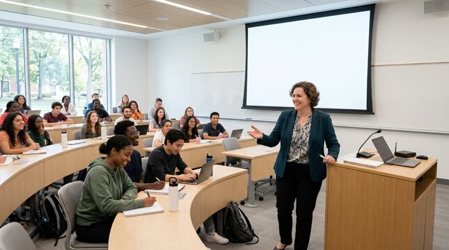 A female professor lectures to a diverse group of university students in a modern, brightly lit classroom with large windows and a projector screen.