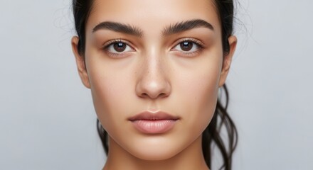 Fototapeta premium Close-up of a young woman with clear skin and dark hair against a neutral background