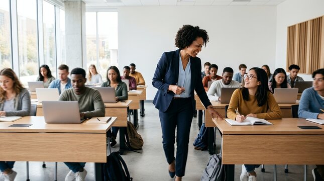 A diverse group of college students attentively working on laptops in a bright, modern classroom, with a female professor engaging with a student during a lecture or study session.
