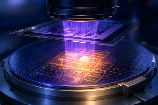 Glowing Lithography Exposure Over Silicon Wafer Surface