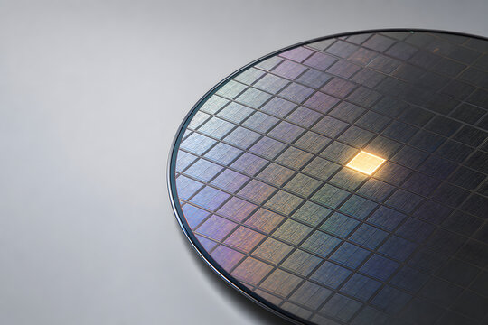 Glowing chip die on silicon wafer grid