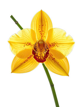 A vibrant yellow orchid with intricate details stands out against a stark black background.