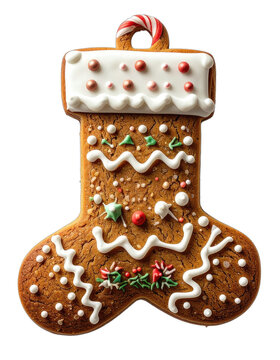 A beautifully decorated gingerbread stocking cookie on a black background.