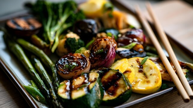 A high  rear view shot of an organic grilled vegetable platter presented elegantly with chopsticks