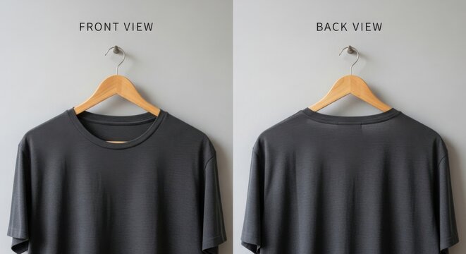 Dark gray t shirt mockup front and back view on wooden hanger
