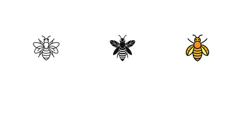 Obraz premium Three stylized honey bee icons showing outline filled black and full color graphic designs.