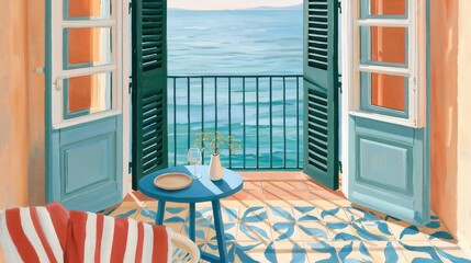 Obraz premium Mediterranean seaside balcony view with open green wooden shutters and blue table