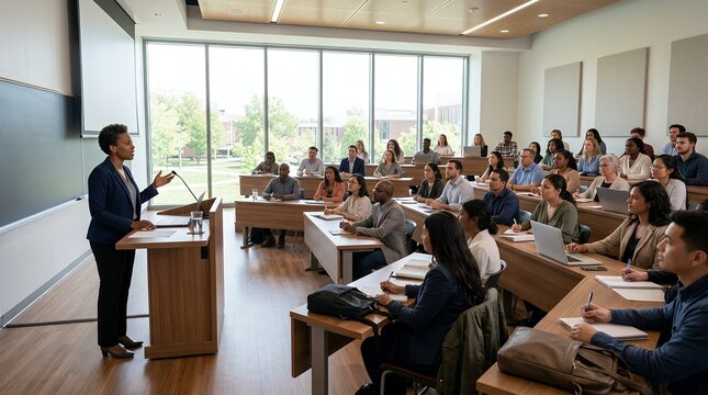 Female instructor delivering a lecture to a diverse group of adult students in a bright, modern university classroom with large windows.