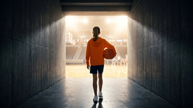 Young Girl Entering Basketball Stadium walking through dark tunnel towards light pitch applicable for dramatic sports promo or athlete journey